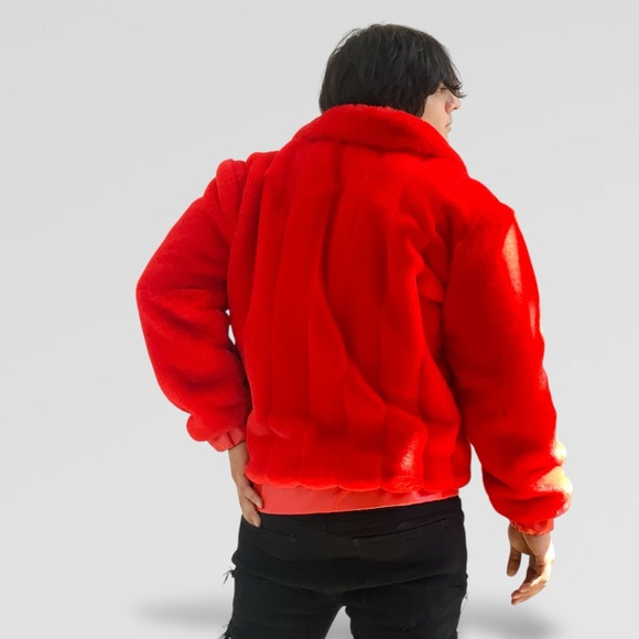 Men’s Fashion Faux Fur Red Fuzzy Jacket NWT - Picture 2 of 9